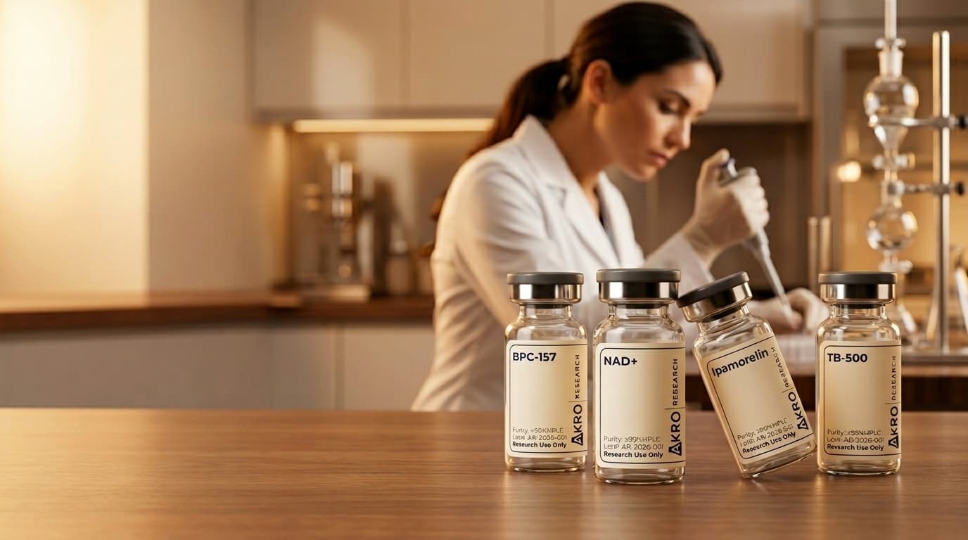 AKRO Research peptide vials with lab technician in background