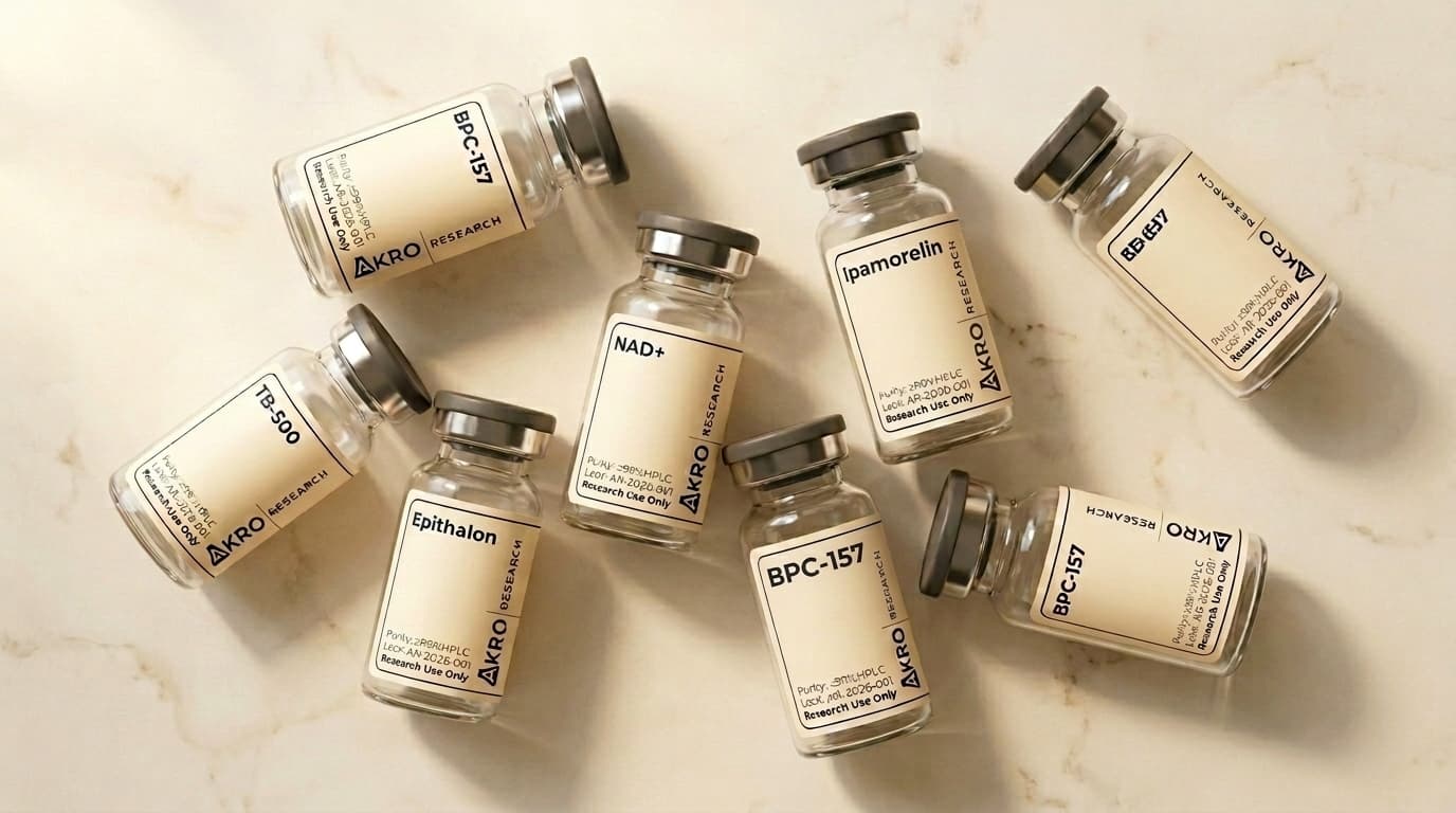 AKRO Research premium peptide vials overhead flat lay